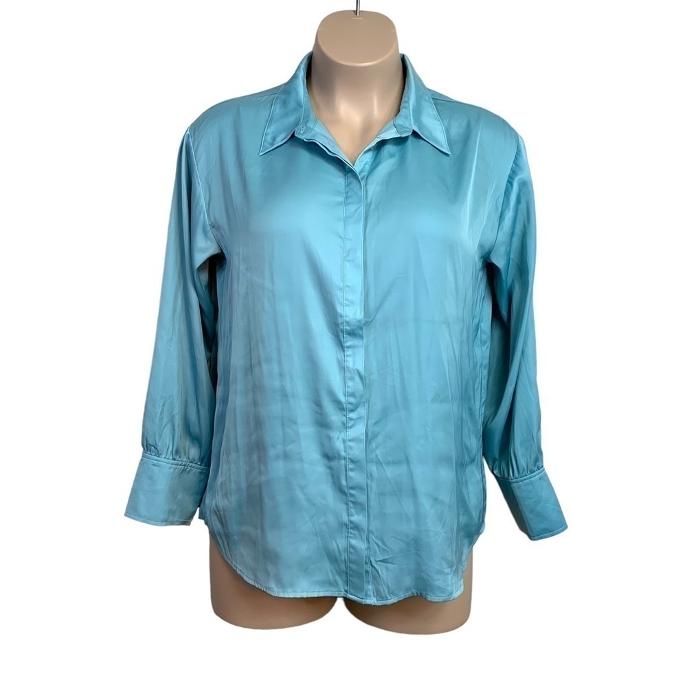 Prologue Light Blue Satin Button-Up Blouse